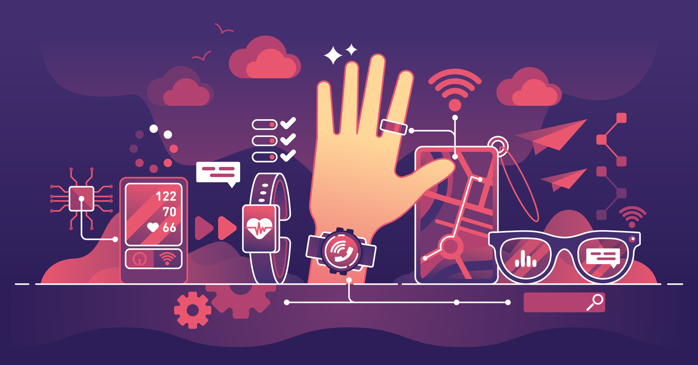 Illustratie van slimme apparaten en wearables die gezondheid en digitale gegevens meten.